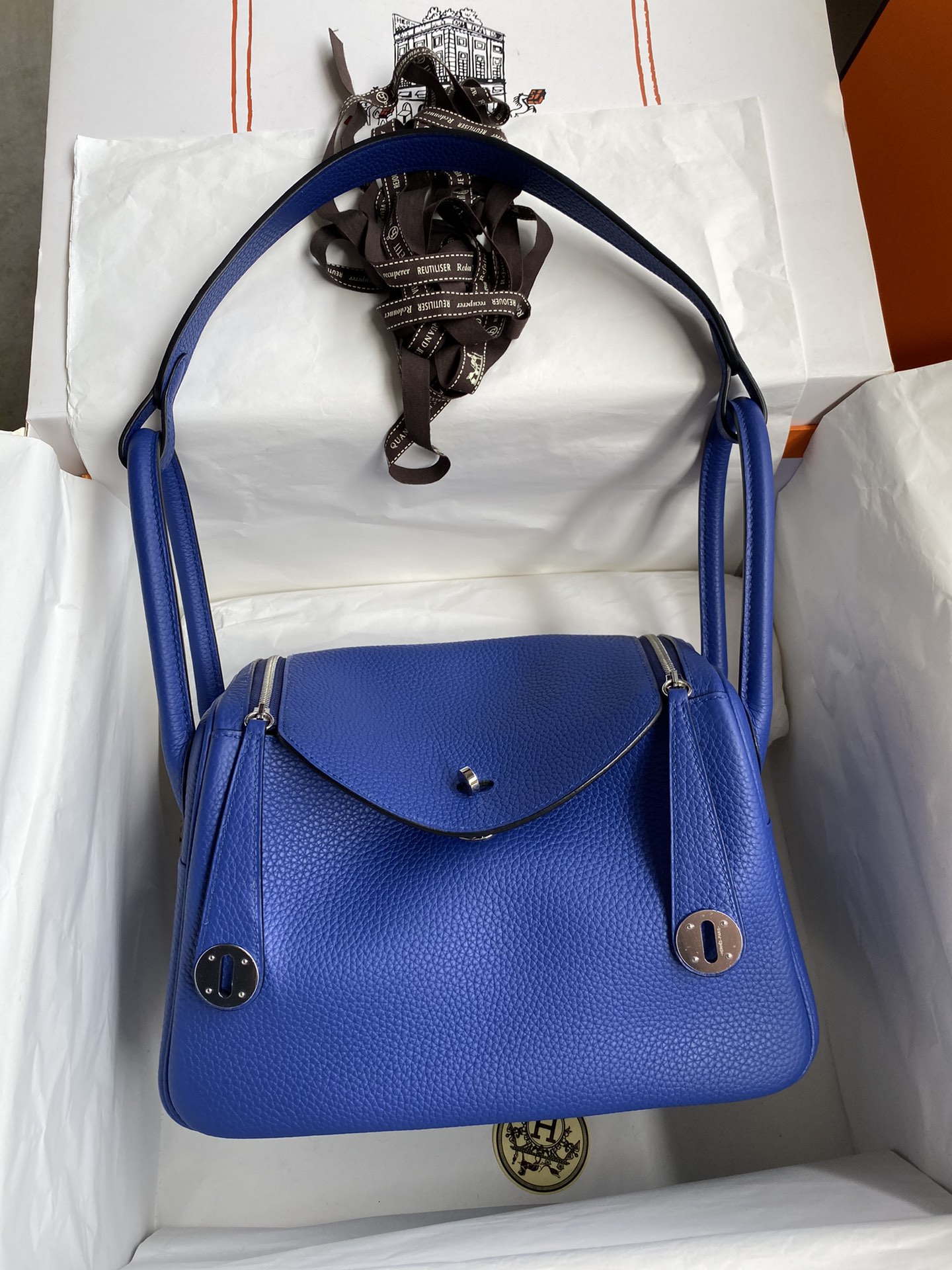 Hermes Lindy 26cm Handbag Shoulder Bag In Blue Electric Clemence Leather